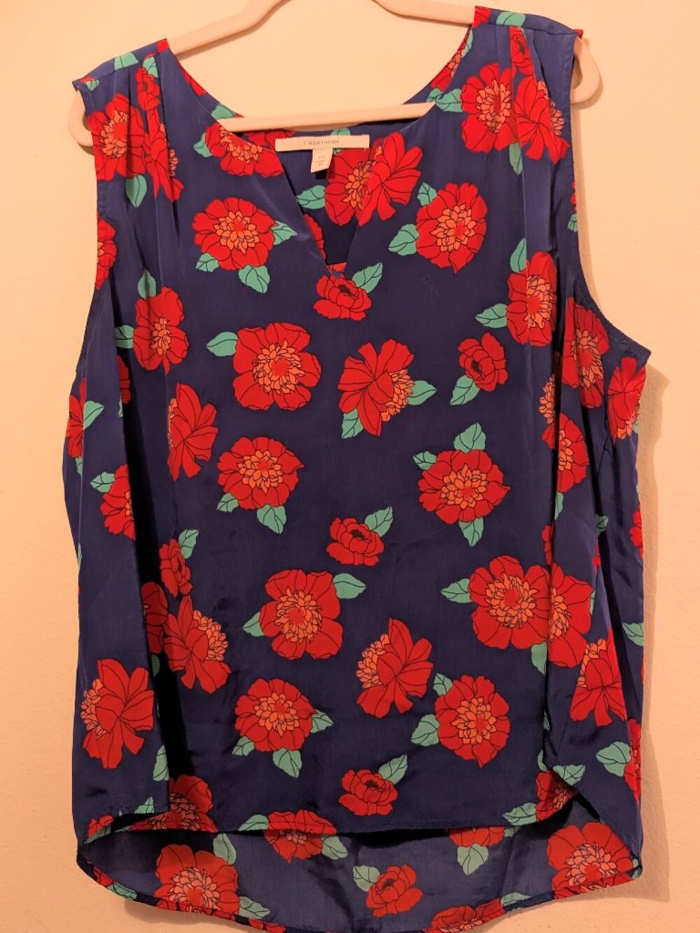 41 Hawthorn Blue Red Floral Mandarin Collar Tank Blouse Lightweight Size XXL
